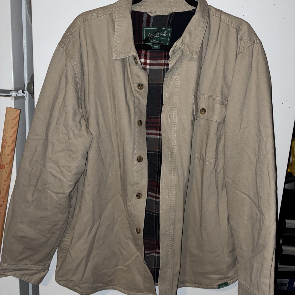 Woolrich Shirt Jacket Mens Large Khaki Flannel Lined Plaid Green Label Shacket